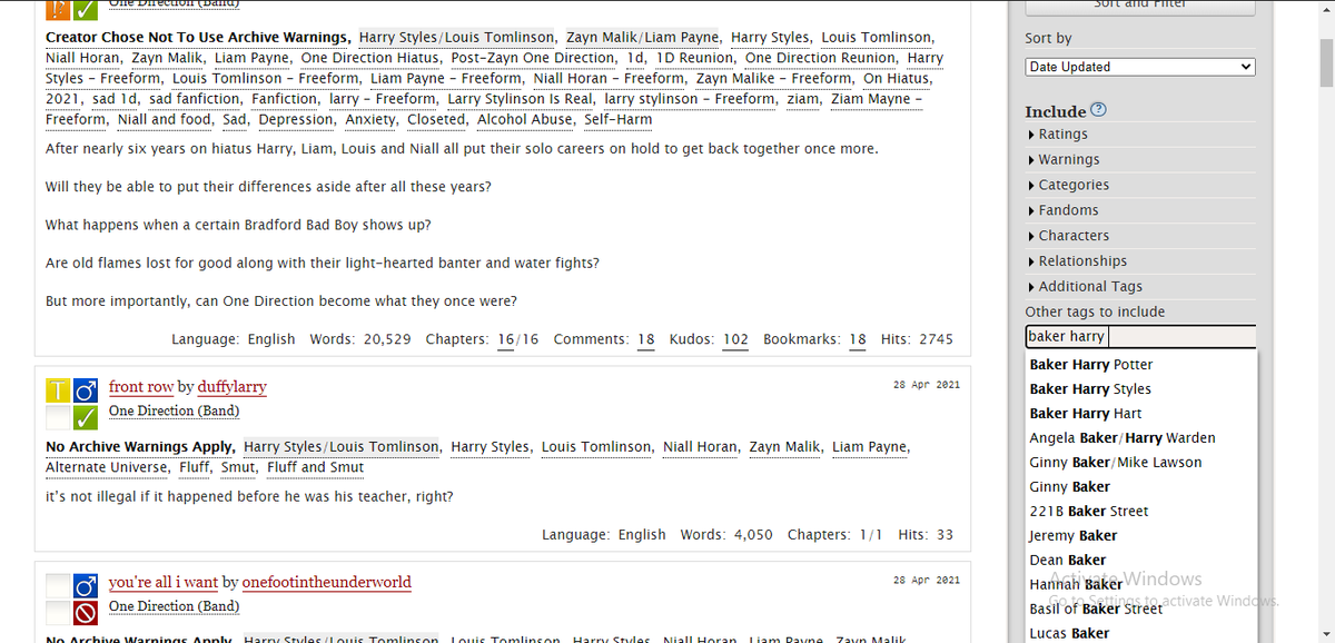 now abt the other tags to include, imagine ur looking for a fic where harry is a baker in! u search it there :>