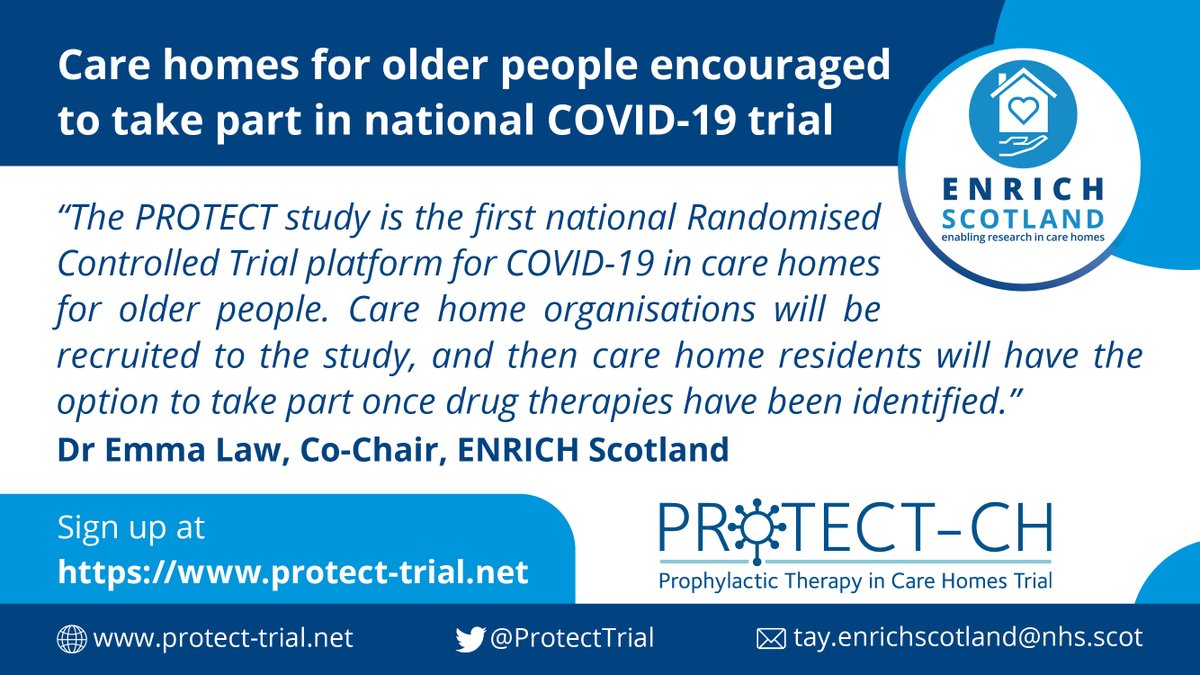 NHS Research Scotland (@nhsresearchscot) on Twitter photo Care homes for older people in Scotland are being encouraged to take part in the <a href="/ProtectTrial/">PROTECT Trial</a>, looking to reduce the likelihood or severity of #COVID19 in care homes. Register for the Scotland-specific webinar, Thursday 29 April for more: bit.ly/3acHdMR. <a href="/EnrichScotland/">ENRICH Scotland</a> Care homes for older people in Scotland are being encouraged to take part in the <a href="/ProtectTrial/">PROTECT Trial</a>, looking to reduce the likelihood or severity of #COVID19 in care homes. Register for the Scotland-specific webinar, Thursday 29 April for more: bit.ly/3acHdMR. <a href="/EnrichScotland/">ENRICH Scotland</a>