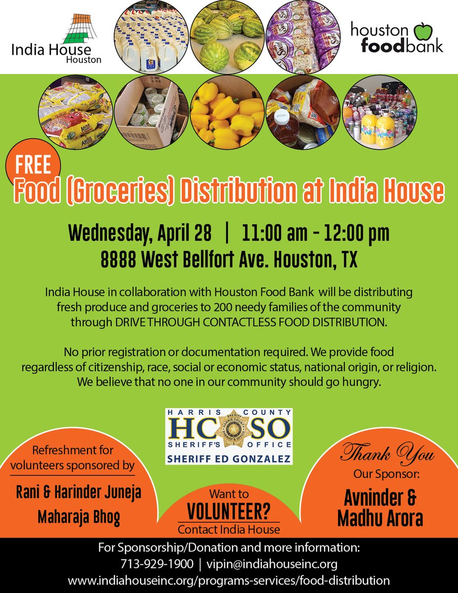Free Food Distribution today at India House Houston from 11 a.m. to 12 p.m. 
<a href="/houmayor/">Houston Mayor's Office</a> <a href="/SouthwestMD/">Southwest District</a> <a href="/SWHouNews/">Southwest Houston</a> @BraysOakMD <a href="/Intl_District/">Int'l District</a>
