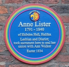 Two hundred years on, the church now bears a plaque acknowledging this as the location of the first lesbian wedding.: Anne Lister plaque - wikicommons