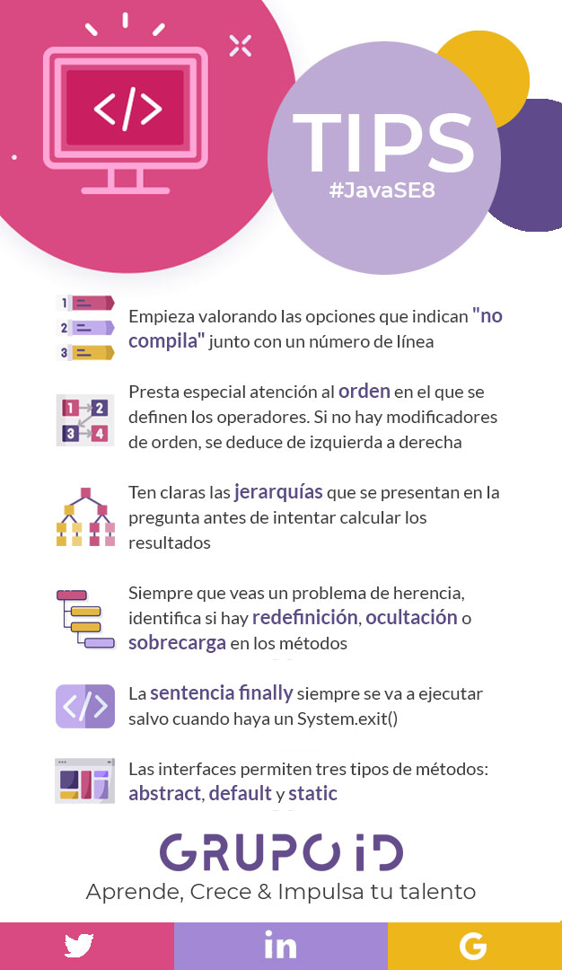 idexaformacion's tweet photo. Finalizamos una edición más del curso #JavaSE8💻

Nuestros alunmos ya están listos para obtener su certificación Oracle Certified Associate, Java SE 8 Programmer🏅

Y tú, ¿quieres conseguirla? Estos tips ⬇️ pueden ayudarte

Más info en: https://t.co/jaJbNUPc1G

#FormacióniD https://t.co/DYzMRV3M7L