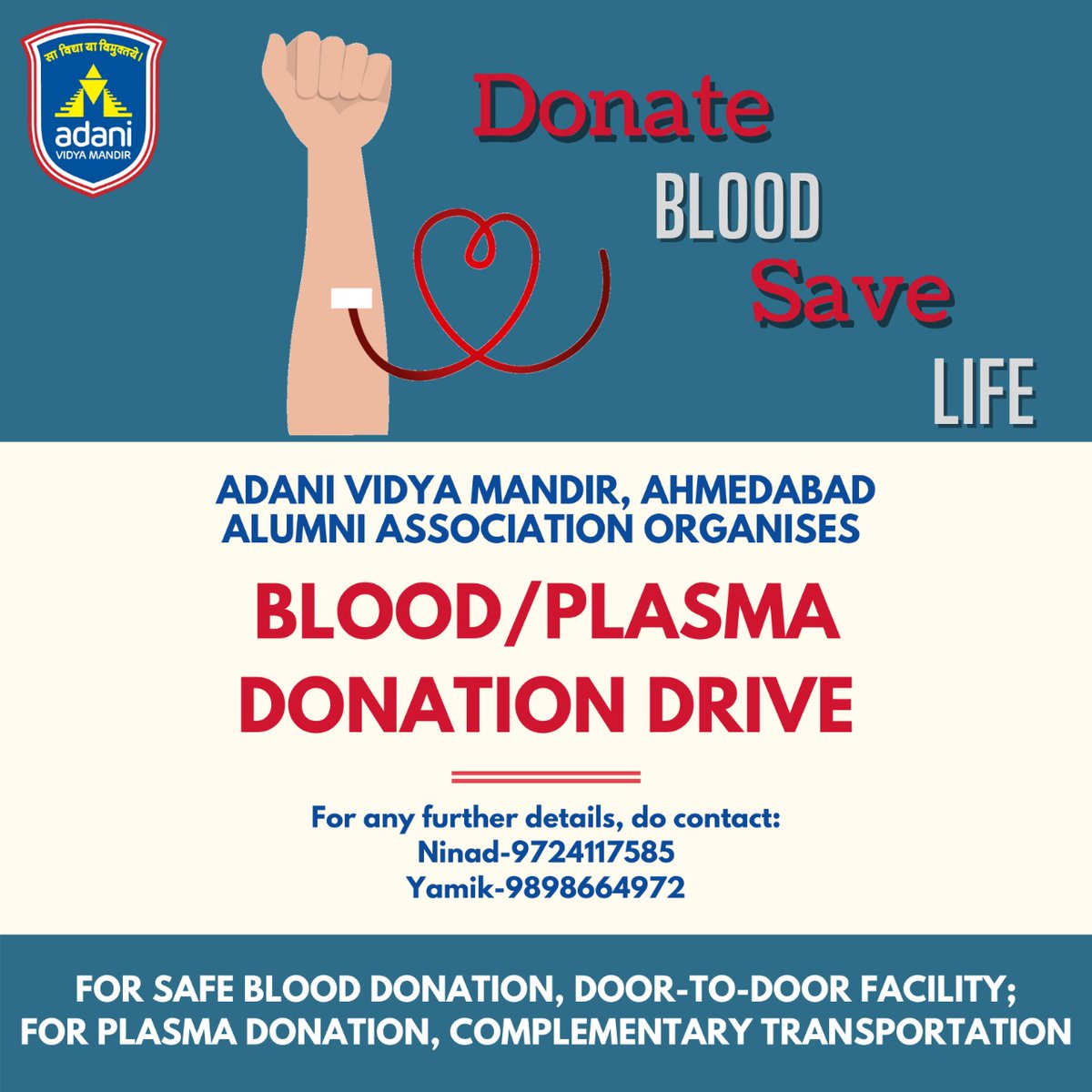 AlumniAVMA's tweet photo. Amdavadis, the last date to register is April 30! 
For blood donation: https://t.co/WK42COPggk
For plasma donation: https://t.co/8RSekhRjKt

Rest assured that a blood collection van will reach your doorstep &amp; transportation will be provided for plasma donation. #Covid19IndiaHelp https://t.co/M7SvI2lLgE