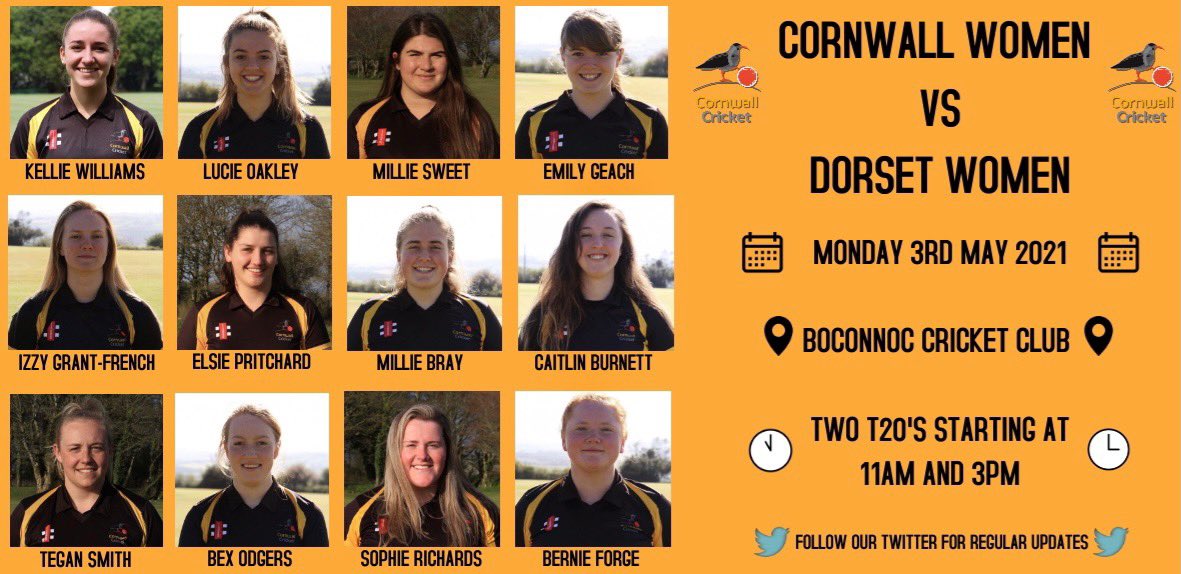 An unchanged side for the Cornwall Women, as they face Dorset Women in their second T20 double header this bank holiday Monday. Hosted by Boconnoc CC, the games are due to start at 11am and 3pm. Good Luck! 🏏🖤💛 #cornwallcricket #thisgirlcan #femalecricket