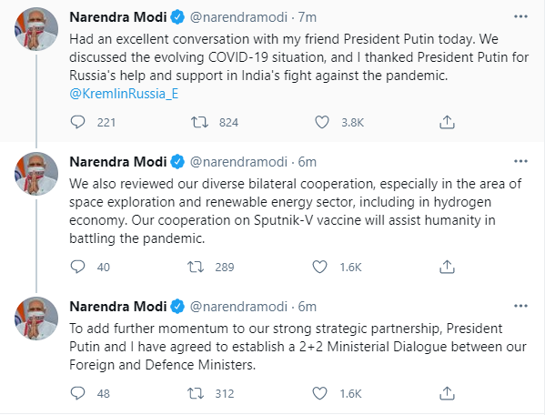 EconomicTimes's tweet photo. PM Modi speaks to Russian President Vladimir Putin 

"We discussed the evolving COVID situation, &amp; I thanked Pres Putin for Russia's help &amp; support in India's fight against the pandemic. Our cooperation on Sputnik-V vaccine will assist humanity in battling the pandemic," PM says https://t.co/JoqI8iMI3I