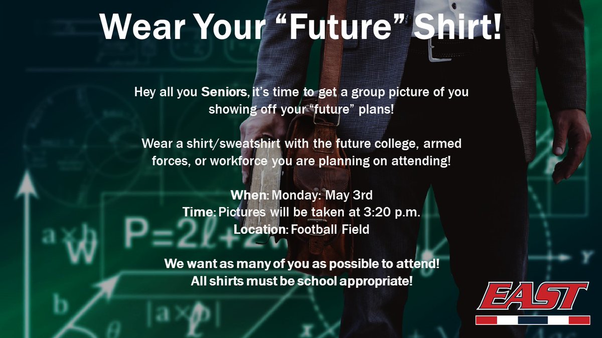 AE School Counselor (@aeast_counselor) on Twitter photo Wear Your “Future” Shirt! is next week 5/3 at 3:20 PM <a href="/AppletonEast/">Appleton East</a> <a href="/teslacharter/">Tesla Charter</a> Seniors! It’s time to get a group picture of you showing off your “future” plans
Wear a shirt/sweatshirt w the future college, armed forces, or workforce you are planning on attending! #WeArEast Wear Your “Future” Shirt! is next week 5/3 at 3:20 PM <a href="/AppletonEast/">Appleton East</a> <a href="/teslacharter/">Tesla Charter</a> Seniors! It’s time to get a group picture of you showing off your “future” plans
Wear a shirt/sweatshirt w the future college, armed forces, or workforce you are planning on attending! #WeArEast