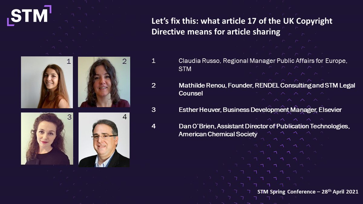 STMAssoc's tweet photo. Today we have launched the STM Article Sharing Framework - https://t.co/6cUJExrJZg

Our next session will consider the rationale and value of developing these new technical processes.

Featuring:

@Cla_Russo + @MatRenou from STM
Esther Heuver + Dan O’Brien from @ElsevierConnect https://t.co/E8KcsQ0HTL