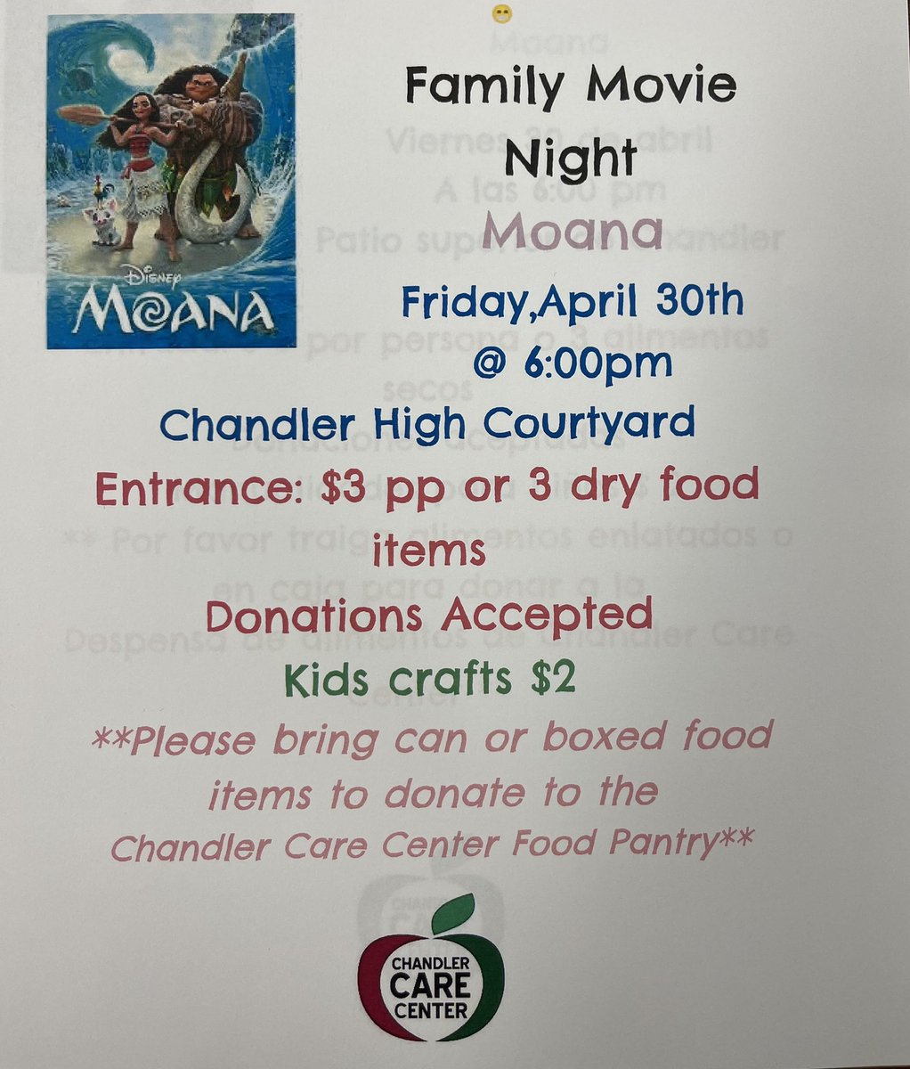 Join us for a Family Movie Night on Friday @ 6pm in the Chandler High courtyard. Kids are $2 and adults/ students $3 or 3 boxed or canned items for donations @ChandlerCARECtr Ohana 🌸 @CHSStuco2021 @CHSWolvesAZ @Galveston_Lions @FryeFalcons @sanmarcosbear @tresanguianos