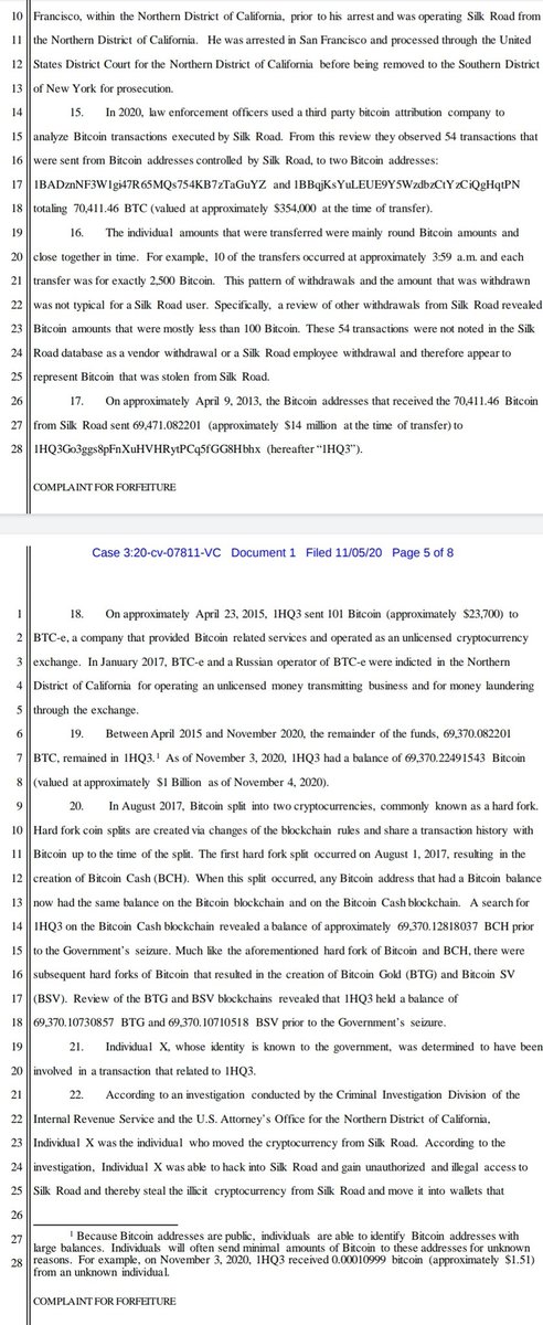 There are some key similarities between this and the Nov 2020 forfeiture of 69,000 2013-era BTC ( https://www.justice.gov/usao-ndca/pr/united-states-files-civil-action-forfeit-cryptocurrency-valued-over-one-billion-us)Besides the time period, we have same agencies, jurisdiction, and a single understated mention of BTC-E hiding in piles of parallel construction fluff.