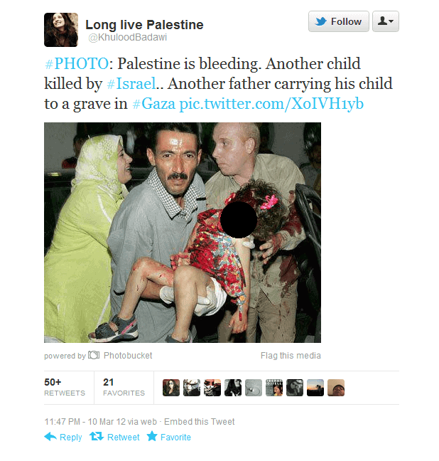 During a round of Hamas-instigated violence in 2012, a tweet by Badawi, whom I didn't know, appeared in my feed.She'd tweeted a disturbing photo of a small girl covered in blood, writing, "Another child killed by  #Israel… another father carrying his child to a grave in  #Gaza."