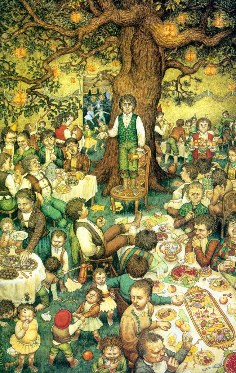 Part 2 of our whistle-stop visual tour through  #LotR taking in key scenes by different illustrators. Tonight we happen upon Bilbo's Long-expected Party, first as a Breughel-esque character study by Inger Edelfeldt (1983) then a painterly mood piece by Lidia Postma (1997)  #Tolkien