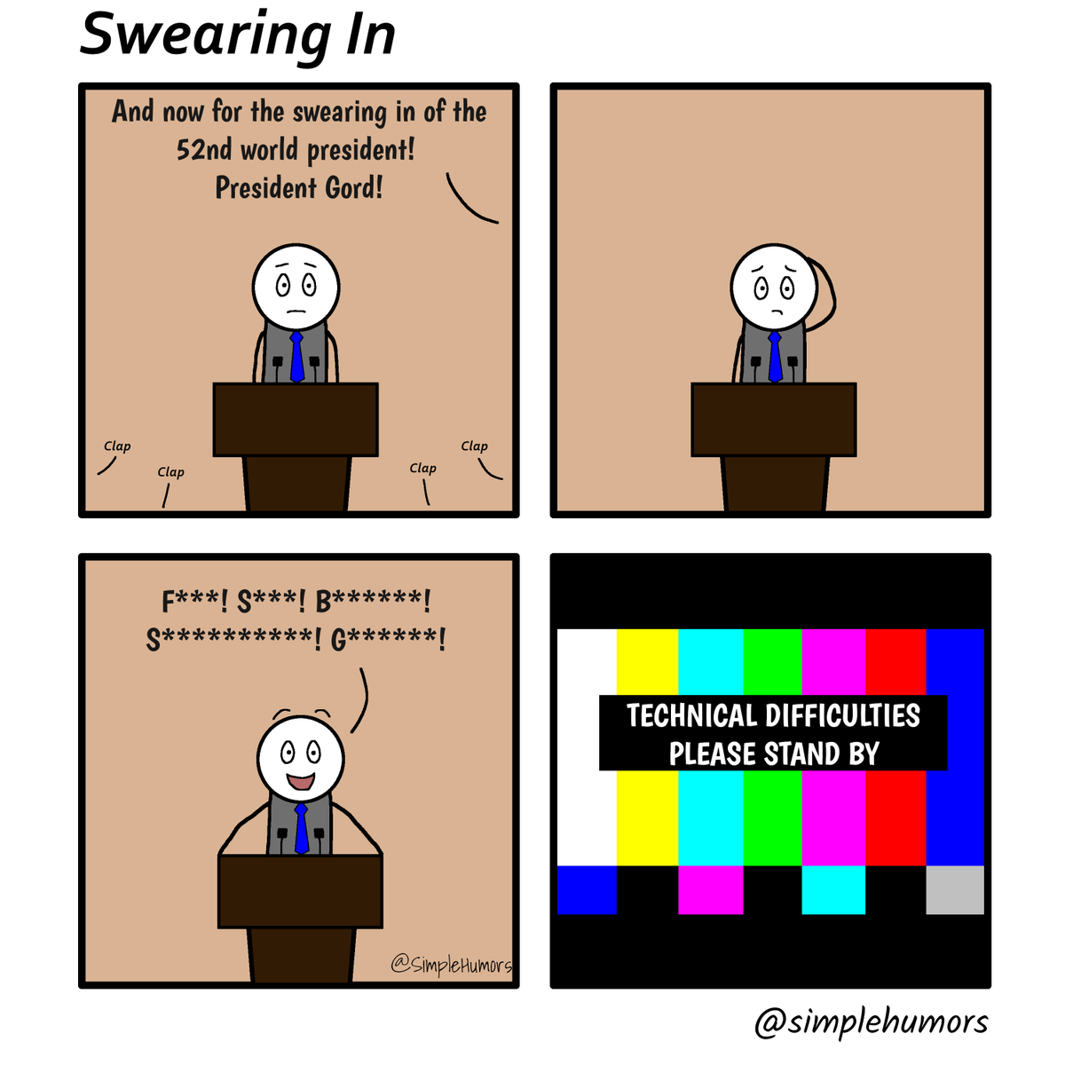 SimpleHumors's tweet photo. President Gord might have relied a bit too much on his improv skills 😂. Also, could you imagine if politics was like this? 

#comics #funnycomics #SimpleHumors #webcomic #webcomics #politics #president #swearing #swearingin #ceremony https://t.co/5ot4UrA2Ph