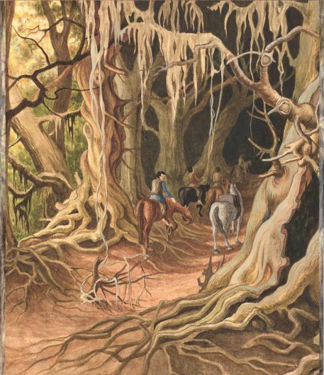 Part 3 of our visual trek through  #LotR viewing key scenes from different illustrators brings us to four young Hobbits (plus ponies) on the threshold of the Old Forest. Sending them into the shadows are the enigmatic Mary Fairburn (1968) and Hungary's Győző Vida (1981)  #Tolkien