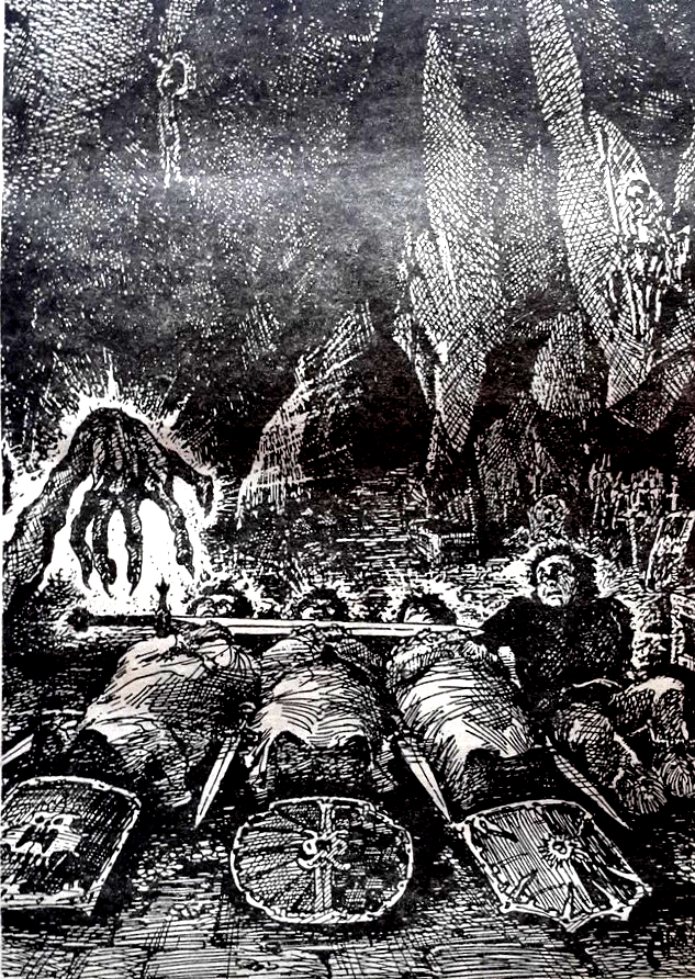 Part 4 of our visual tour through key scenes of  #LotR illustrated by different artists deposits us deep within a Barrow Downs burial mound. Offering up the Hobbits to the creeping undead sword-hand of the Wight are Alexander Nikolaev (1991) and Matthew Stewart (2013)  #Tolkien