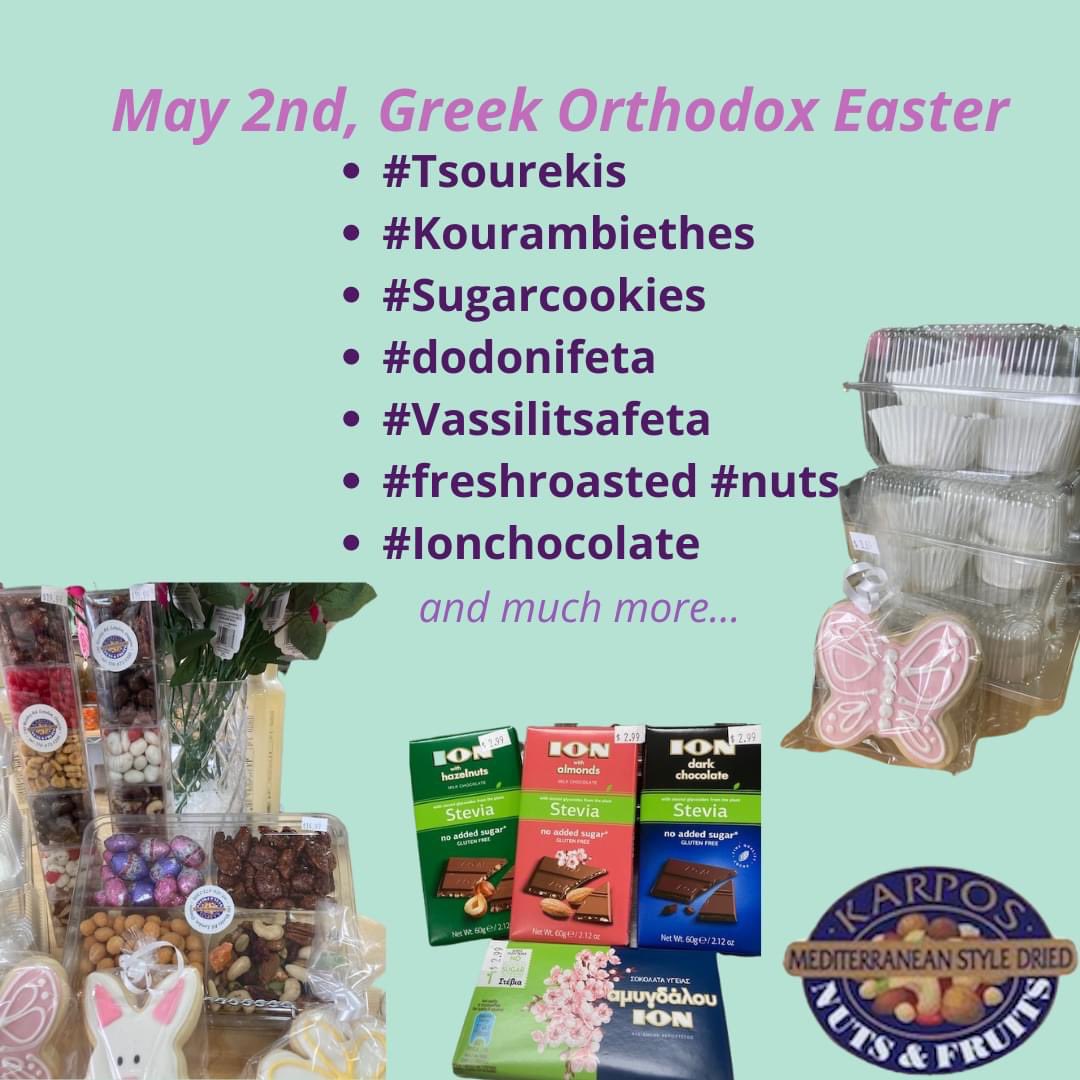 #May2 is #greekorthodoxeaster We have the #traditional #eastertreats for which you are looking! #kourambiethes #tsourekis #sugarcookies #driedfruit #freshroasted #nuts #spanokopita #baklava #dodoni #feta #greekhoney #ionchocolate 5196725200. #ldnont #ldnontario #londonontario