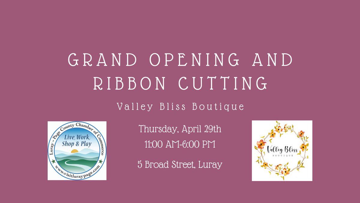 LurayPageCoC's tweet photo. Don't miss our Valley Bliss Boutique #GrandOpening &amp; #RibbonCutting, tomorrow at 11:00 AM.  Located at 5 Broad Street, Luray, Valley Bliss is Luray's newest boutique offering women's clothing up to a size 3x!

#visitluraypageva #chamberofcommerce #shopsmall https://t.co/ALgNxHAtIA