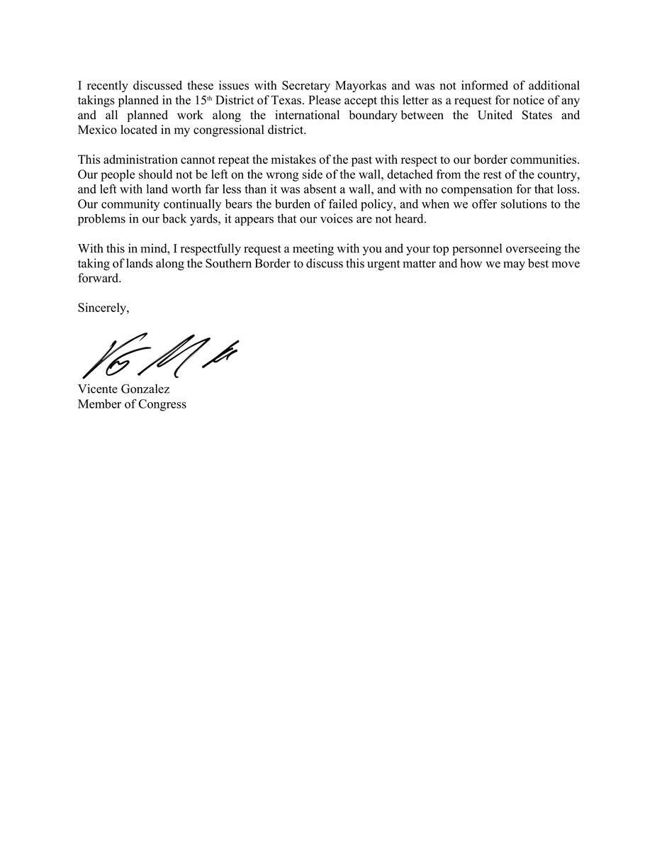 RepGonzalez's tweet photo. I sent a letter to @POTUS Biden requesting a meeting to discuss the seizure of South Texas property and flooding risks due to the broken levee in @HidalgoCounty. I urge the Administration to listen to the people of South Texas about the policies that impact our home. https://t.co/uaVzQTmnlB