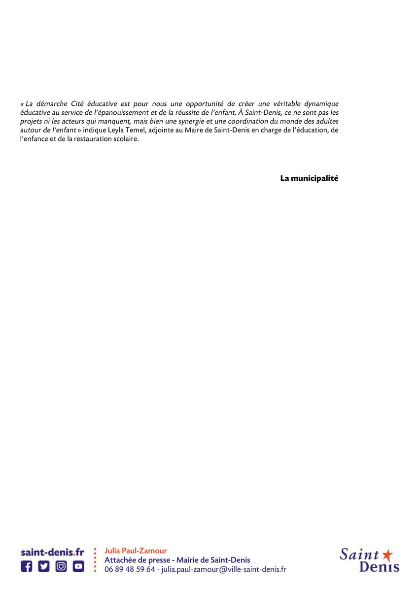 I COMMUNIQUÉ DE PRESSE I
La ville de Saint-Denis candidate pour obtenir le label "Cité éducative"

⬇️ Retrouvez le communiqué en ligne⬇️
ville-saint-denis.fr/communique/la-…