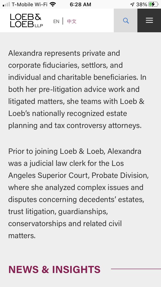 Another thing to note is this beautiful lady Alexandra A. Letzel. She was also added to the Loeb and Loeb litigators, however, he profile just so happened to be missed on Twitter. See that she previously worked as a judicial law clerk for LA SUPERIOR COURT, PROBATE DIVISION. 