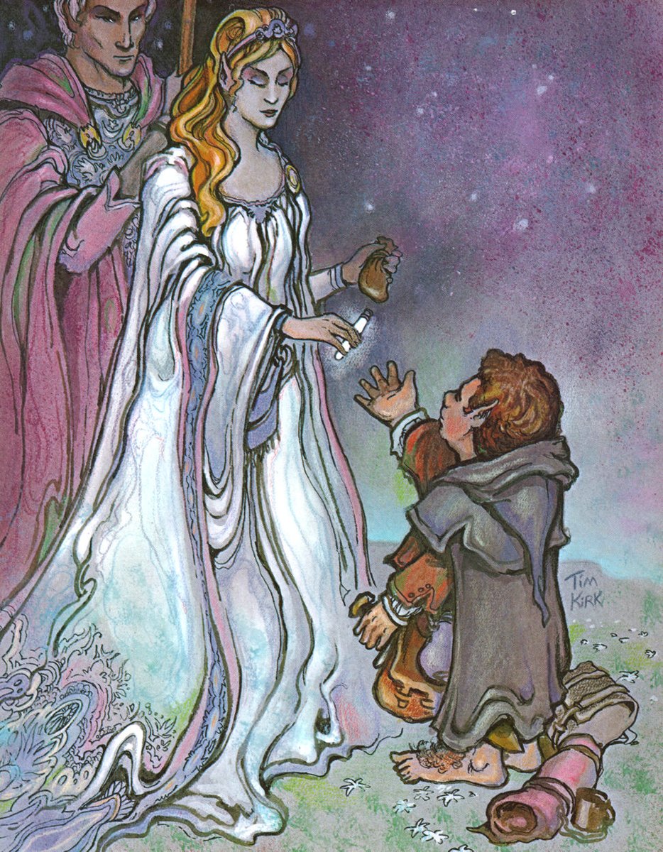 Part 11 of our visual foray into key  #LOTR scenes brings us to the banks of the Silverlode as Galadriel distributes gifts to the Fellowship. Tim Kirk's Elven Queen hands Frodo the Phial (c.1974) whilst Denis Gordeev's Gimli begs for a lock of her golden hair (c. 2015)  #Tolkien