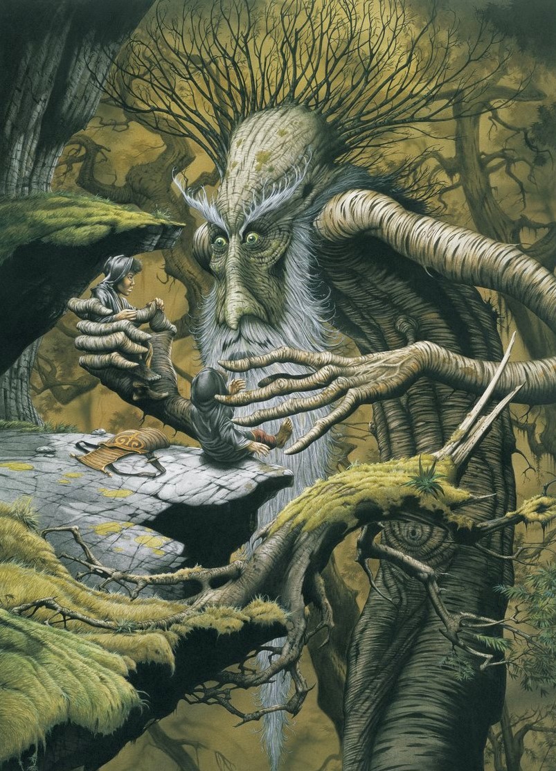Part 14 of our visual odyssey through key  #LOTR scenes and we join Treebeard, Merry and Pippin deep within Fangorn forest. Conjuring two superbly gnarled, mossy Ent encounters are fantasy/sci fi elder Rodney Matthews (1989) and conceptual wizard Alvaro Ramirez (c. 2019)  #Tolkien