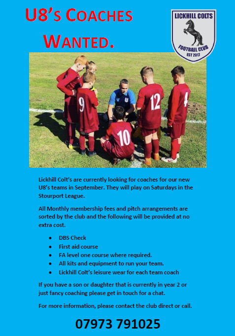 Do you have a son or daughter currently in year 2 that you would love to coach or just fancy getting into coaching? Great family club in the heart of Stourport with own ground and club house. Please contact the club for more details here facebook.com/LCFC2017