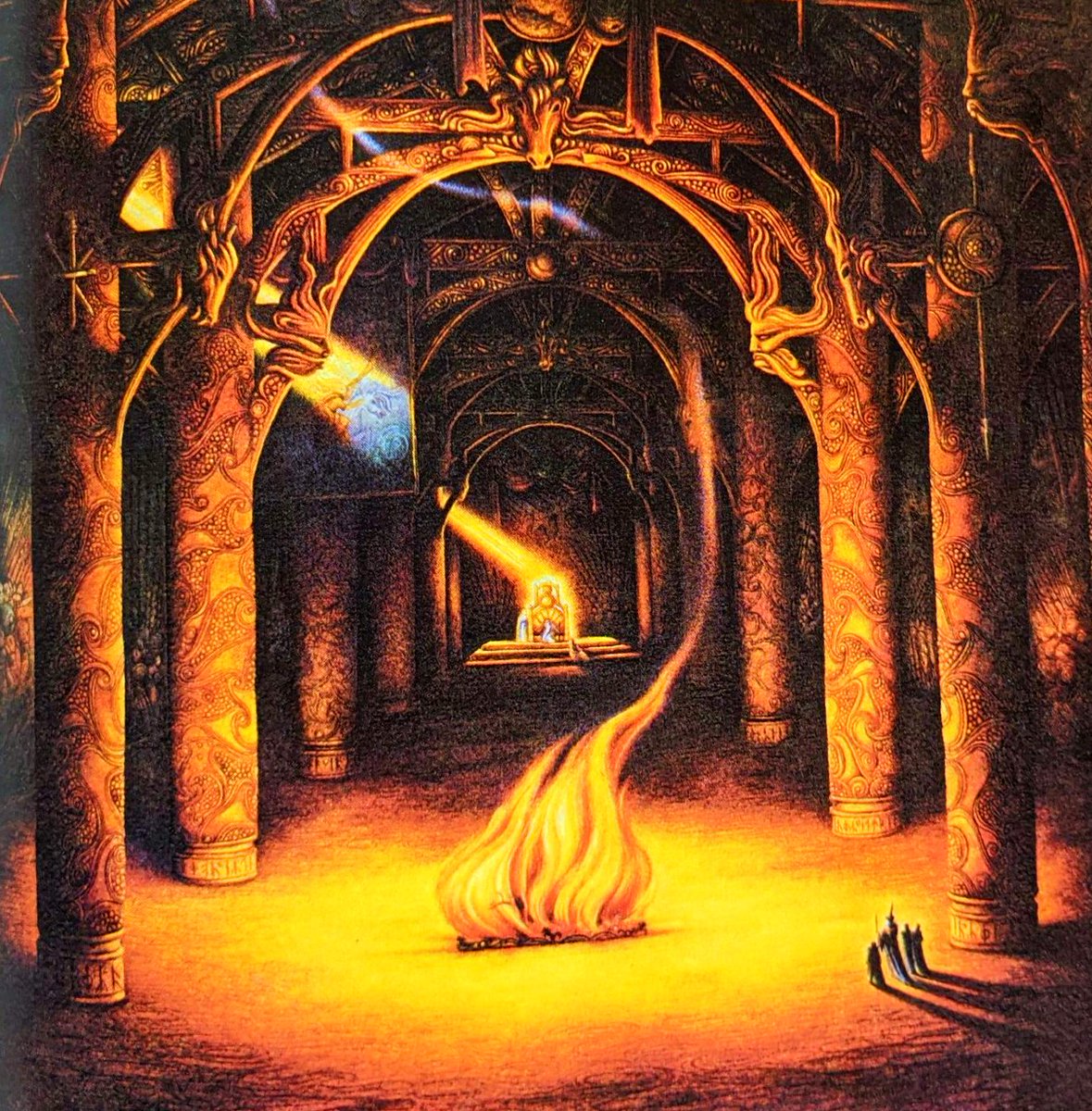 Part 15 of our visual escapade through key  #LOTR scenes and we join four weary travellers as they enter the golden hall of Meduseld in Rohan. Illuminating the tapestry of Eorl the Young with a ray of morning sunlight are Pauline Martin (c. 1978) and Joan Wyatt (c. 1979)  #Tolkien
