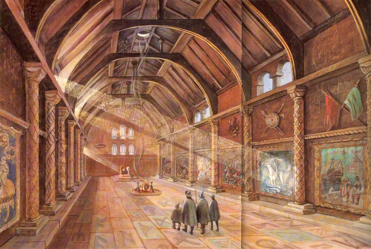 Part 15 of our visual escapade through key  #LOTR scenes and we join four weary travellers as they enter the golden hall of Meduseld in Rohan. Illuminating the tapestry of Eorl the Young with a ray of morning sunlight are Pauline Martin (c. 1978) and Joan Wyatt (c. 1979)  #Tolkien