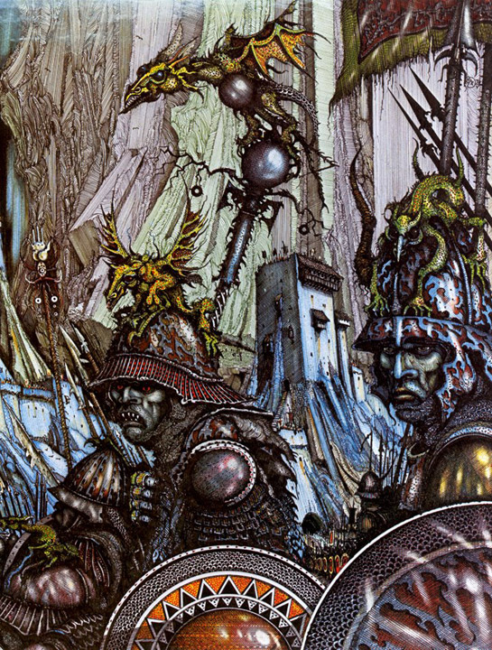 Part 16 of our visual quest to uncover key  #LOTR scenes brings us to Helm's Deep and the Battle of the Hornburg. Placing us up close and personal to the Uruks and hillmen is Ian Miller (detail, c.1978) whereas unleashing axe, arrow and Andúril is Anton Lomaev (c. 2000)  #Tolkien