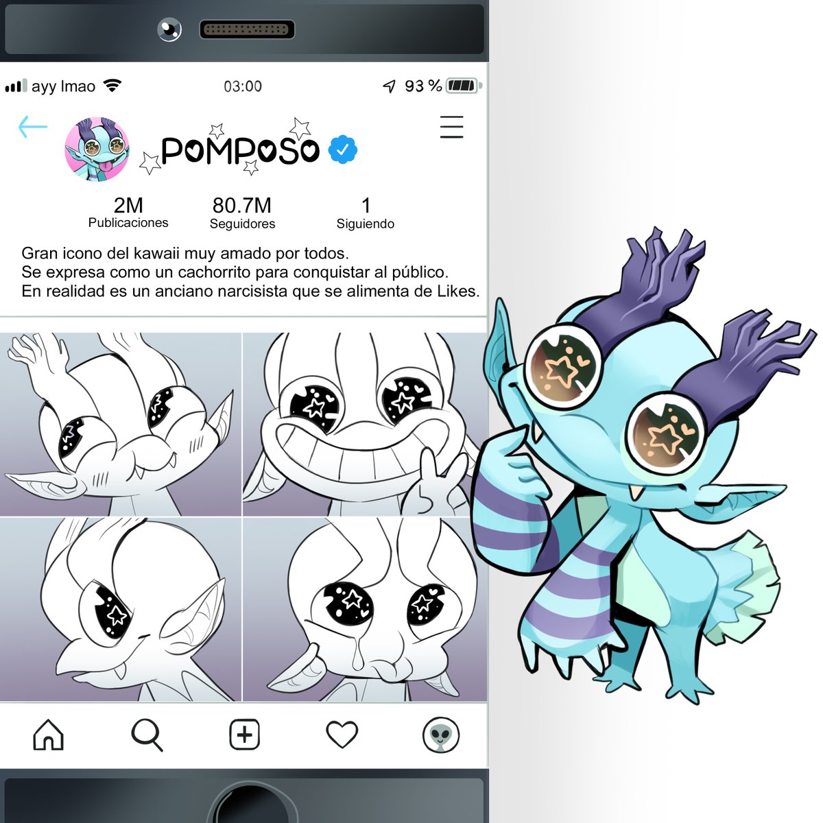 _LoPrieto_'s tweet photo. https://t.co/1AlPTzSBQT
Pomposo, el bichín más cuqui de la galaxia... 
O por lo menos eso quiere aparentar, ya que esta criatura es más vieja que el cagar. Su dieta milagrosa, que consiste en devorar enormes cantidades de likes, le permite lucir un aspecto de eterna juventud. https://t.co/p2emxnp8cO