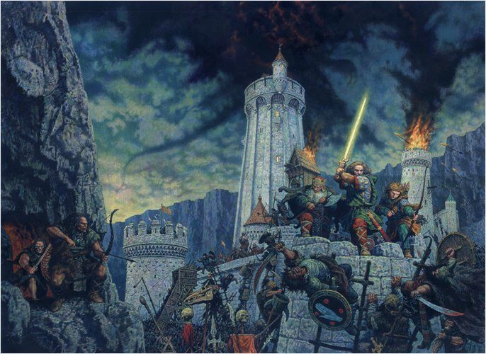 Part 16 of our visual quest to uncover key  #LOTR scenes brings us to Helm's Deep and the Battle of the Hornburg. Placing us up close and personal to the Uruks and hillmen is Ian Miller (detail, c.1978) whereas unleashing axe, arrow and Andúril is Anton Lomaev (c. 2000)  #Tolkien