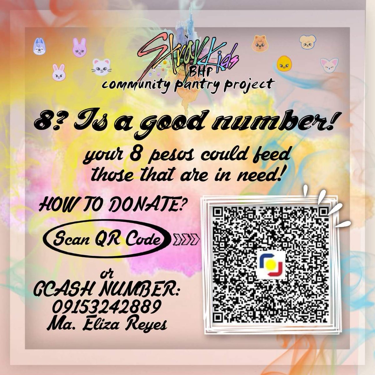 Good day! We have this project called "8? Is a good number!" It's a community pantry project under skz's name. In order to conduct this project successfuly, we are in need of funds. If it's okay, I hope you can help us spread this.

link for original post on replies!