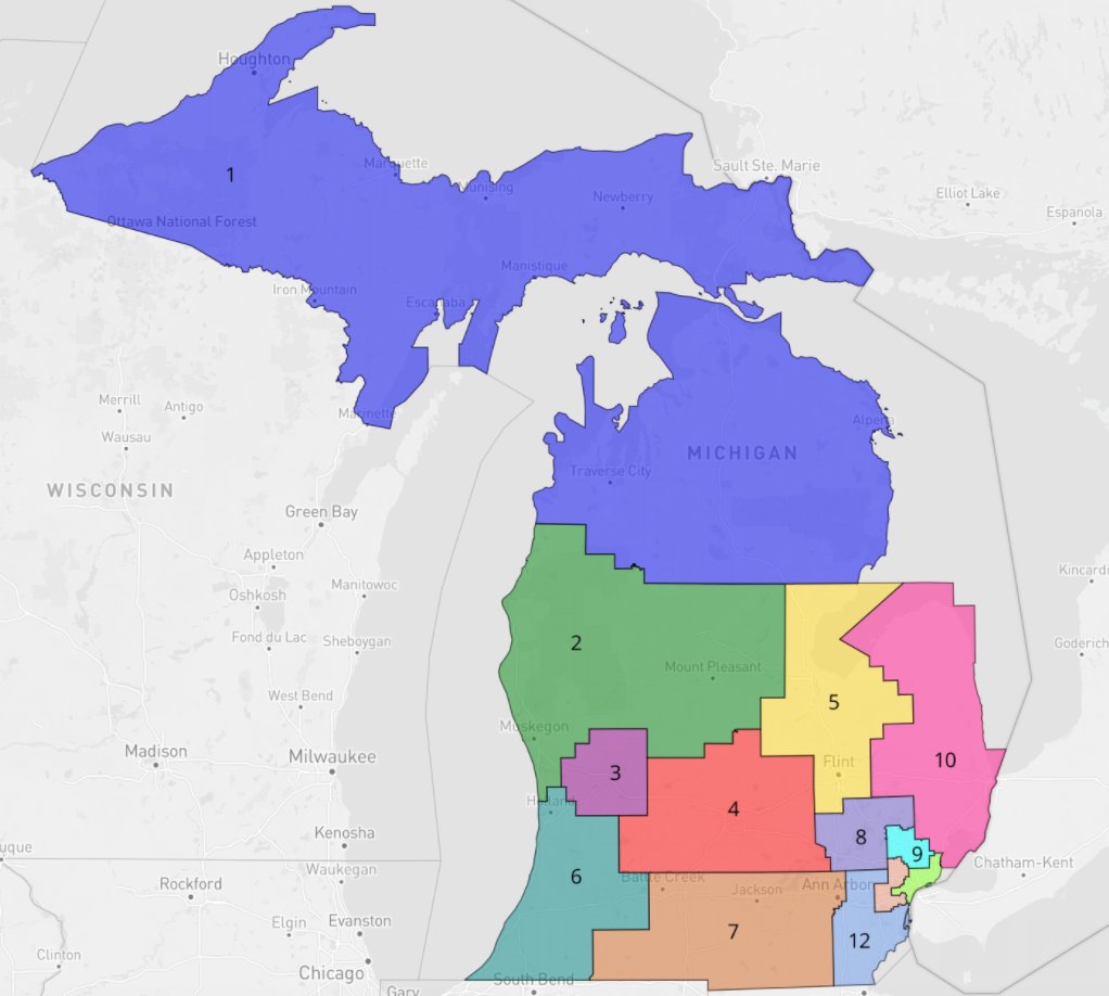 MICHIGAN: is shrinking from 14 to 13 seats, and w/ a new citizens' commission, few incumbents are safe. Somewhat ironically, *Dems* might have more to lose switching from the current GOP gerrymander (left) to a more compact plan (example, right). Here's why...