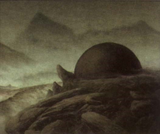 Part 20 of our visual trek through key  #LOTR scenes brings us to the Stone of Erech, gathering place of the Dead. Focussing on the unearthly black dome is Rob Alexander (c. 1997), whilst revealing the eerie panoply of the Oathbreaker's summoning is Lída Holubová (2019)  #Tolkien