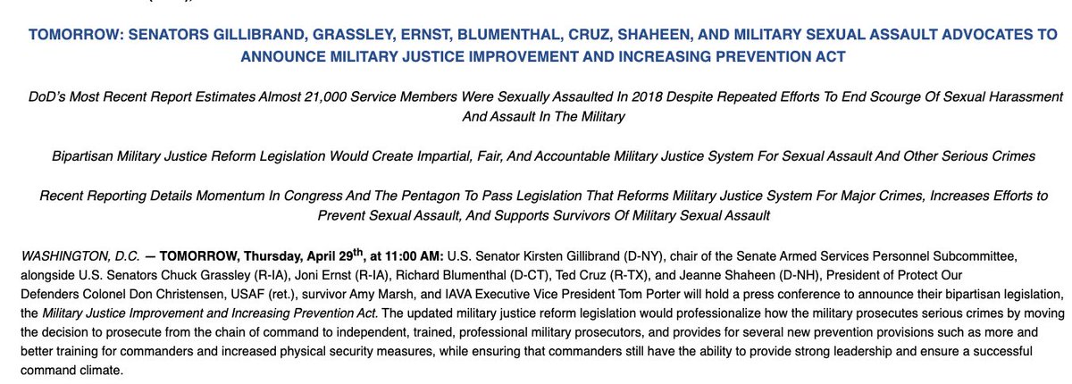 sarahjcamm's tweet photo. A group of senators tomorrow led by @SenGillibrand will introduce a bipartisan bill - the Military Justice Improvement and Increasing Prevention Act - that would move the decision to prosecute from the chain of command to independent, trained, professional military prosecutors. https://t.co/MKScaatLAH