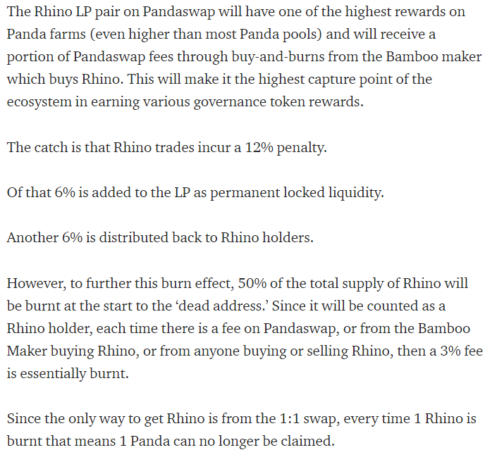 6/17While their Bamboo staking is similar to xSushi and distributes straight rewards. Their Rhino staking actually took the liquidity locking fee penalty from schemes like SafeMoon and gave it a real purpose.