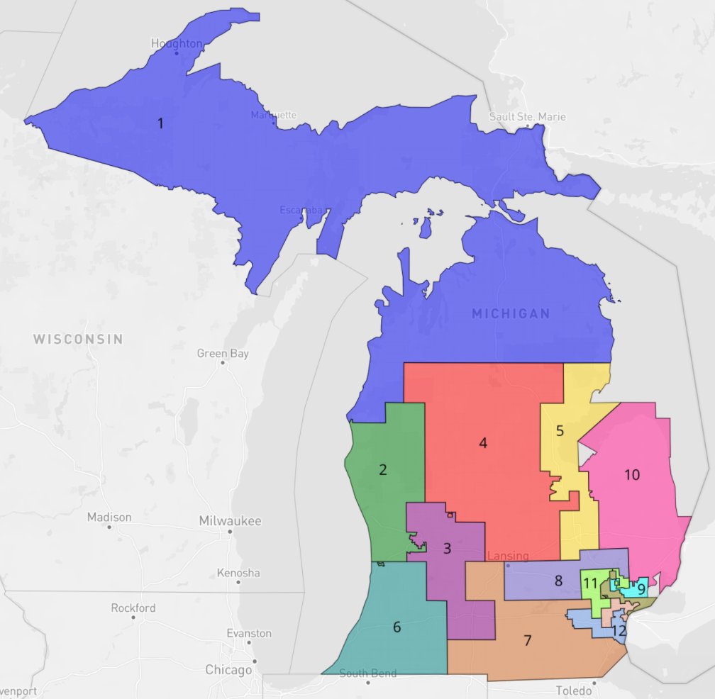 MICHIGAN: is shrinking from 14 to 13 seats, and w/ a new citizens' commission, few incumbents are safe. Somewhat ironically, *Dems* might have more to lose switching from the current GOP gerrymander (left) to a more compact plan (example, right). Here's why...