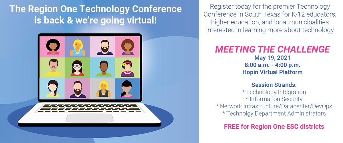 RegionOneESC's tweet photo. Back &amp; Virtual! Hop on the Hopin platform &amp; join us for the Region One Technology Conference on 5/19. A full day jam-packed with great learning sessions &amp; virtual vendor visits. FREE for Region One ESC districts! Register here- https://t.co/JOyBURT0cN https://t.co/qrzA6cJFio