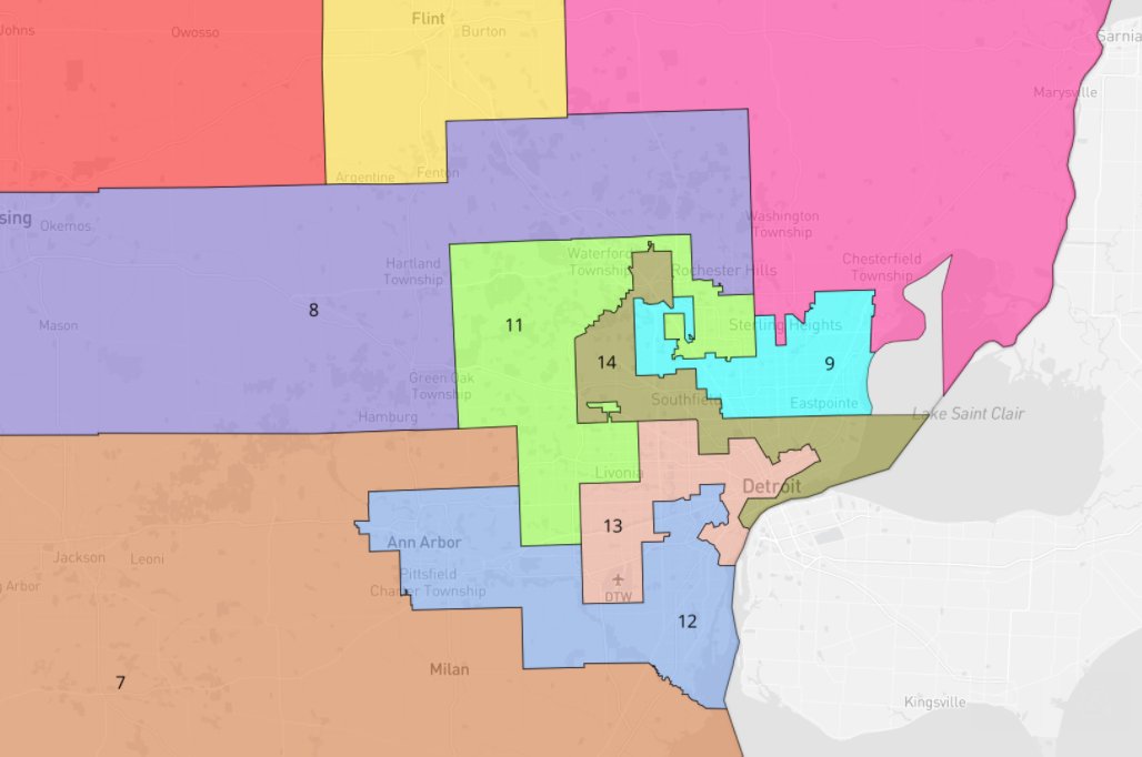 In 2018, the GOP gerrymander crumbled and Ds picked up two suburban Detroit seats,  #MI08 and  #MI11. But now, every seat needs to expand. And w/ two Black majority seats to preserve ( #MI13 and  #MI14 below), there may not be enough blue turf left to protect all four suburban Ds.