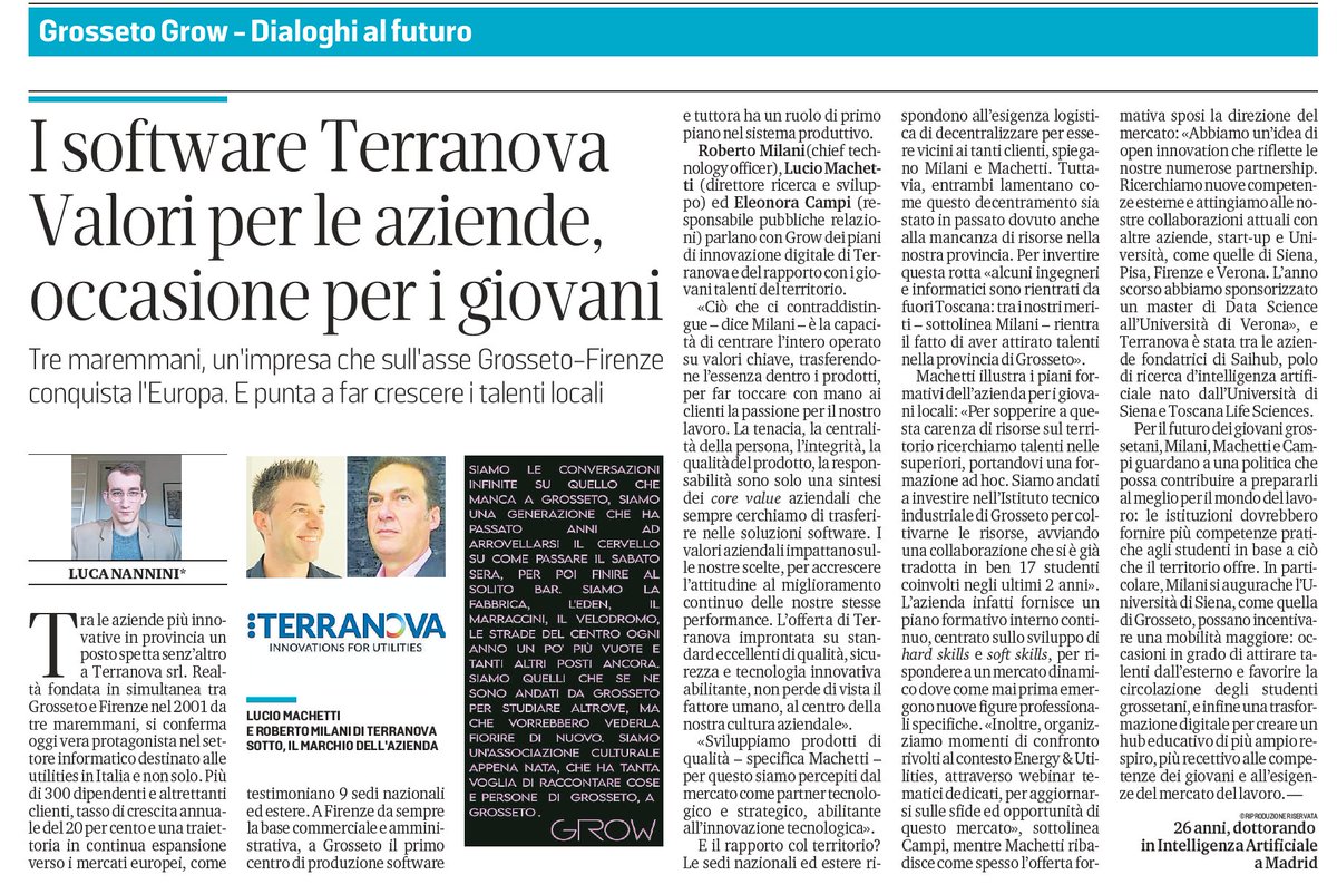I software Terranova. Valori per le aziende, occasioni per i giovani. Il quotidiano il Tirreno, dedica un articolo a <a href="/Terranova_sw/">Terranova</a>. A cura di Luca Nannini.  
Press Release: lnkd.in/dKipXut
Digital Press: lnkd.in/d6gZG_2
#press #software #impresa #territorio