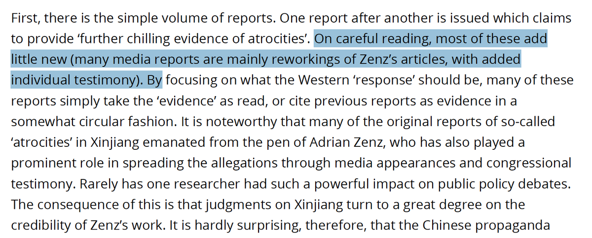 "One report after another is issued which claims to provide ‘further chilling evidence of atrocities’. On careful reading, most of these add little new (many media reports are mainly reworkings of Zenz’s articles, with added individual testimony)."/10