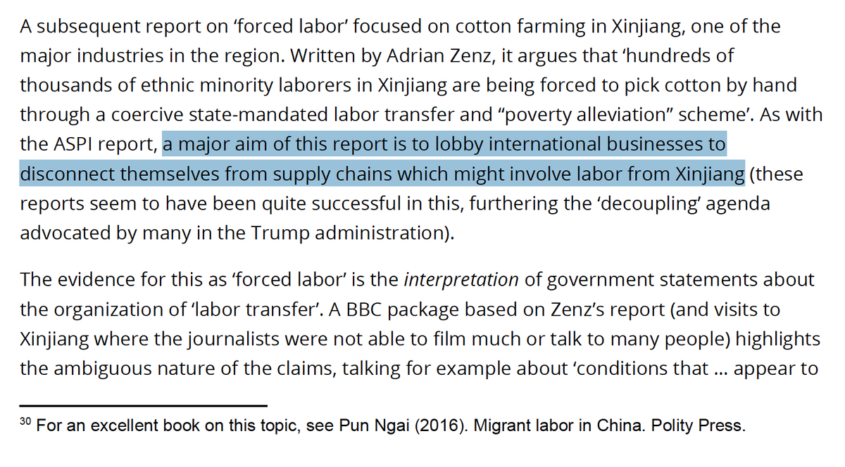 Instead of direct ad hominem, the authors throw in a little allegation, which smoothly integrates into their narrative:"a major aim of [Zenz's] report [on cotton] is to lobby international businesses to disconnect themselves from supply chains"/7