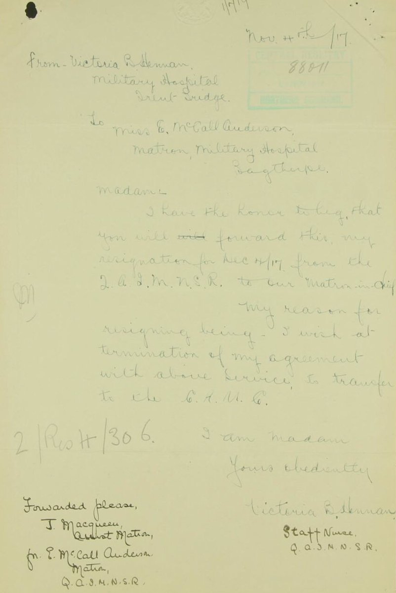 At the end of her one-year contract she resigned, citing her wish to join the Canadian Army Medical Corps. She was posted to CAMC Depot on 01/01/1918 and on 07/01/1918 she was posted to No. 9 Canadian General Hospital Shorncliffe as a Nursing Sister. 4/12