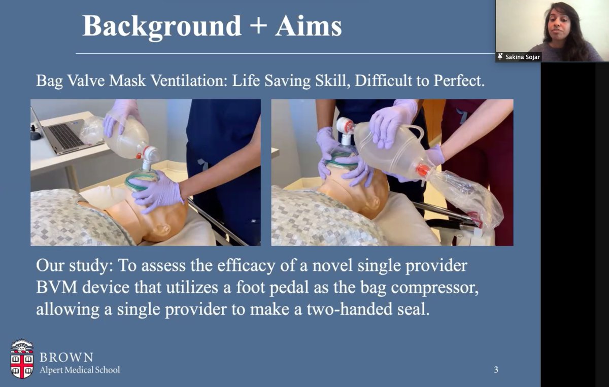 Dr. Sakina Sojar, <a href="/BrownPem/">Brown PEM</a> fellow, studied a new technique (using a foot pedal) for bag valve mask ventilation &amp; found one person could deliver greater and consistently appropriate tidal volumes with greater ease. Her team included orthopedics &amp; engineers.
