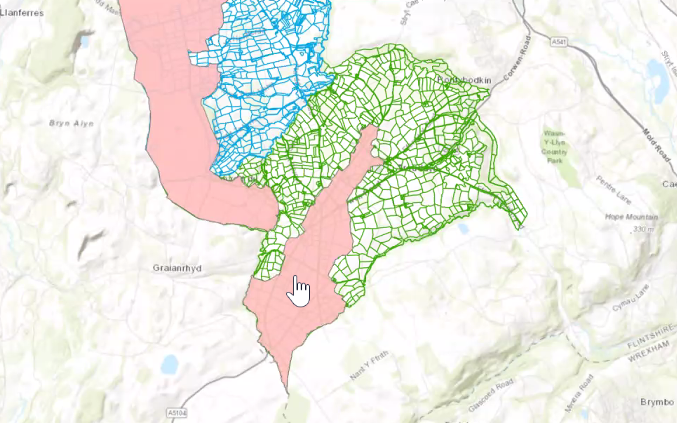 And this is very brave, sharing GIS live on Zoom, but the blue shows Nercwys, the green the neighbouring parish of Trythen (completed *yesterday*) and the pink in the second map shows the land in the enclosure award (and with the names and gender of landowners).
