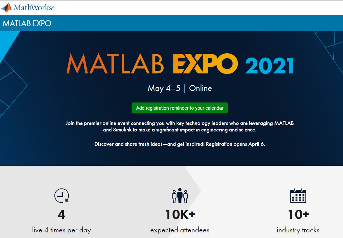 Registration for #matlabexpo  2021 is still open.
Join the premier online event connecting you with key technology leaders leveraging #matlab and #simulink for significant impact in #engineering and #science.
Discover &amp; share ideas and get inspired!

matlabexpo.com/online.html