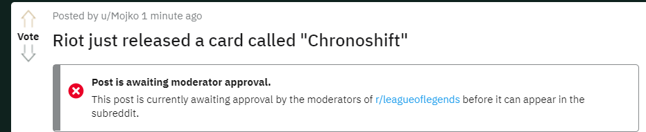 MojkoDev's tweet photo. I see Riot Zed is hard at work at designing new cards for #LegendsOfRuneterra. "Chronoshift"

By the way, interesting that anything with "Chronoshift" in it now needs approval from mods just when this launched? HMMMMMMM #tinfoilhat #RiotGames #LeagueOfLegends https://t.co/seEHbQL9CR