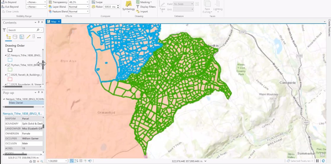 And this is very brave, sharing GIS live on Zoom, but the blue shows Nercwys, the green the neighbouring parish of Trythen (completed *yesterday*) and the pink in the second map shows the land in the enclosure award (and with the names and gender of landowners).