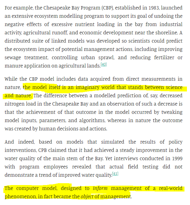 Observing the monetization of climate scenarios I am reminded of this passage from Rayner and Sarewitz 2021  @TheBTI Journal on how the Chesapeake Bay Program confused models and reality https://thebreakthrough.org/journal/no-13-winter-2021/policy-making-in-the-post-truth-world