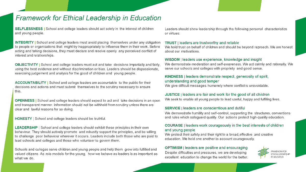 This seems a timely moment to reaffirm the Framework for Ethical Leadership in Education, supported by the <a href="/NGAMedia/">NGA For Schools & Trusts #VisibleGovernance</a>'s 'Pathfinder' project which looks at how the ethical framework translates into leadership practice:  buff.ly/3aLbuCN.