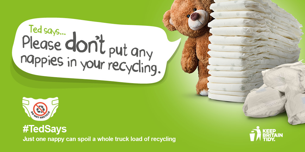 KeepBritainTidy's tweet image. Did you know that 8% of disposable nappy users – parents and carers – admitted they might put a disposable nappy in the recycling if their rubbish is full up? 
Just one nappy can spoil a whole truckload of recycling! #TedSays